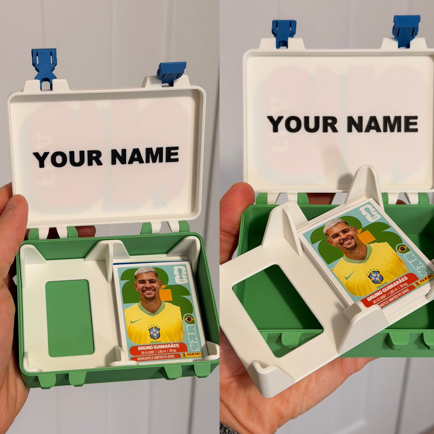 Soccer sticker organizer box shown with collector storage details