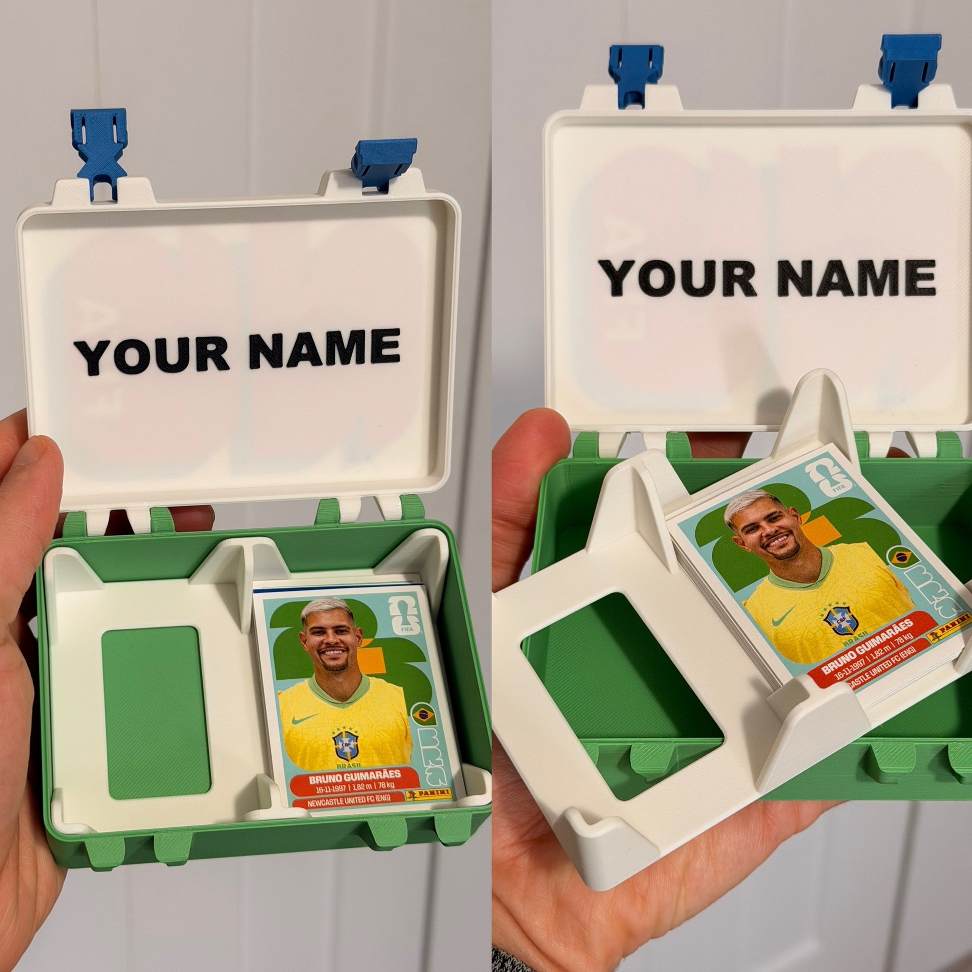 Soccer sticker organizer box shown with collector storage details